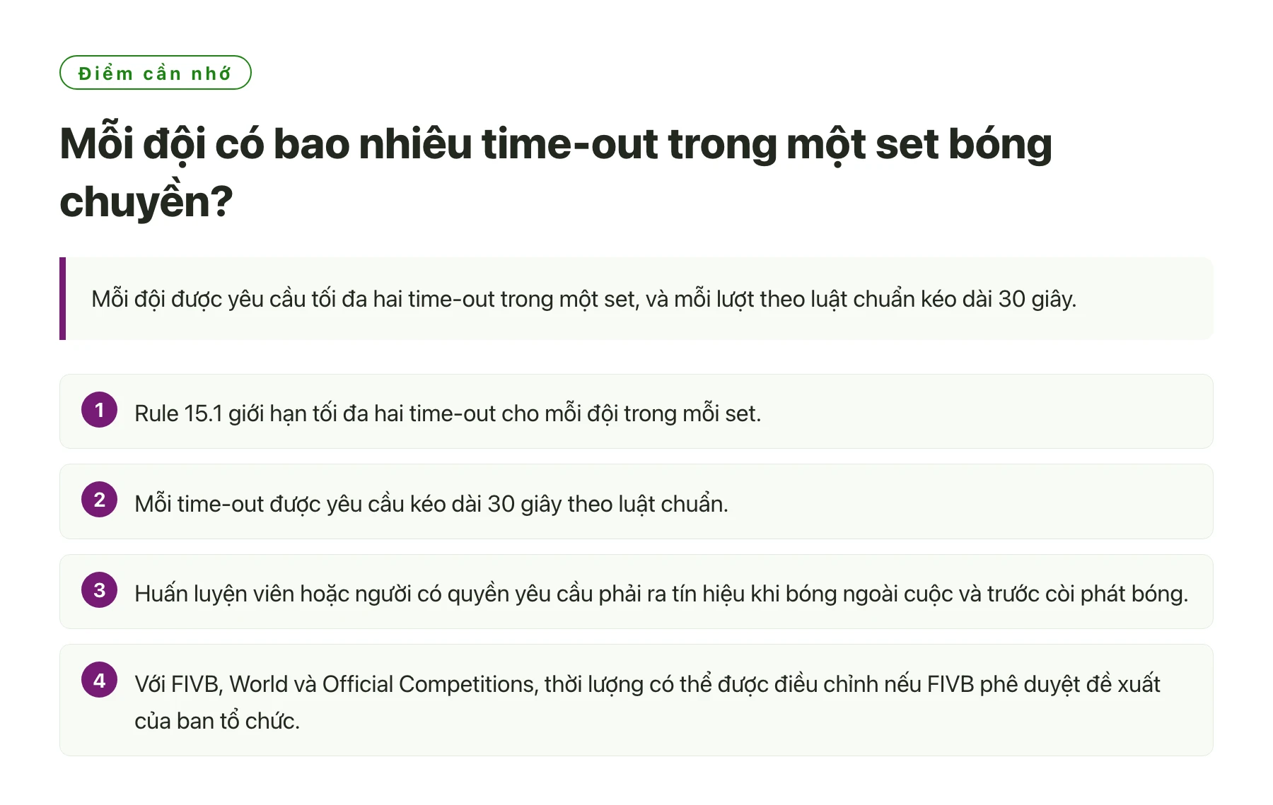 Mỗi đội có bao nhiêu time-out trong một set bóng chuyền?——全文要点速览